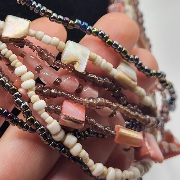 Beautiful Multilayer Rose Quartz Shell Earth Tone Necklace 21in - Picture 1 of 7